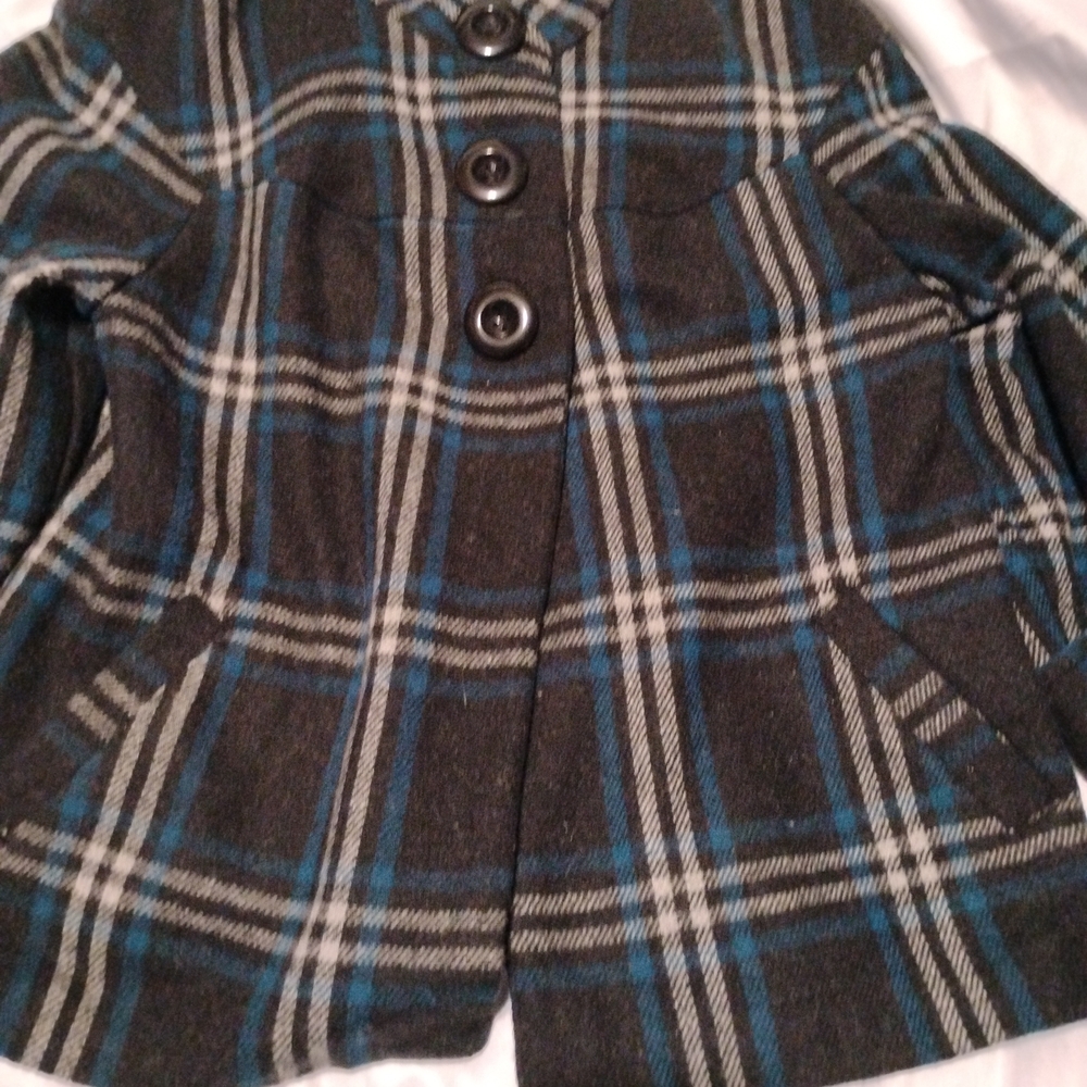 Elegant Women's Plaid Pea Coat - Black and Blue